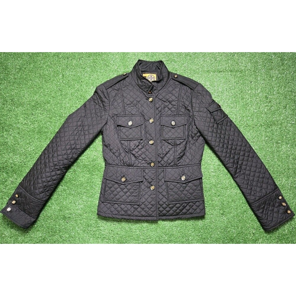 Tory Burch Quilted Jacket Black Gold Logo Buttons Women's Size 2 23081574 - Picture 2 of 12
